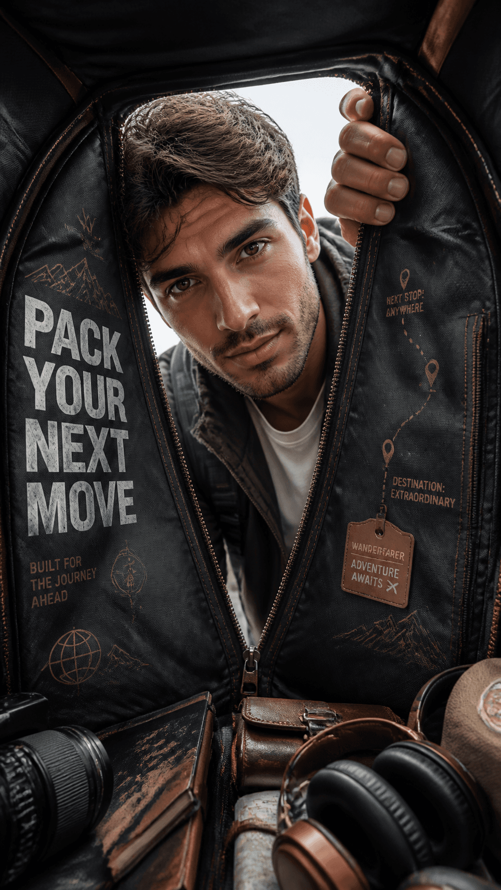 A premium 9:16 travel-lifestyle advertising poster.Main Subj