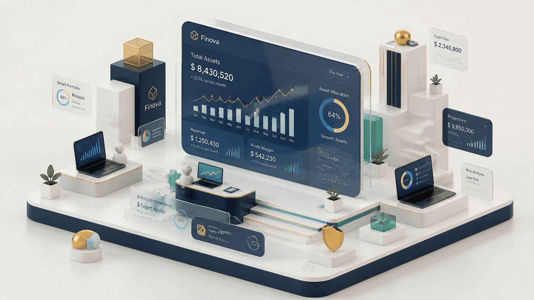A cutting-edge 3D isometric illustration for a premium finte