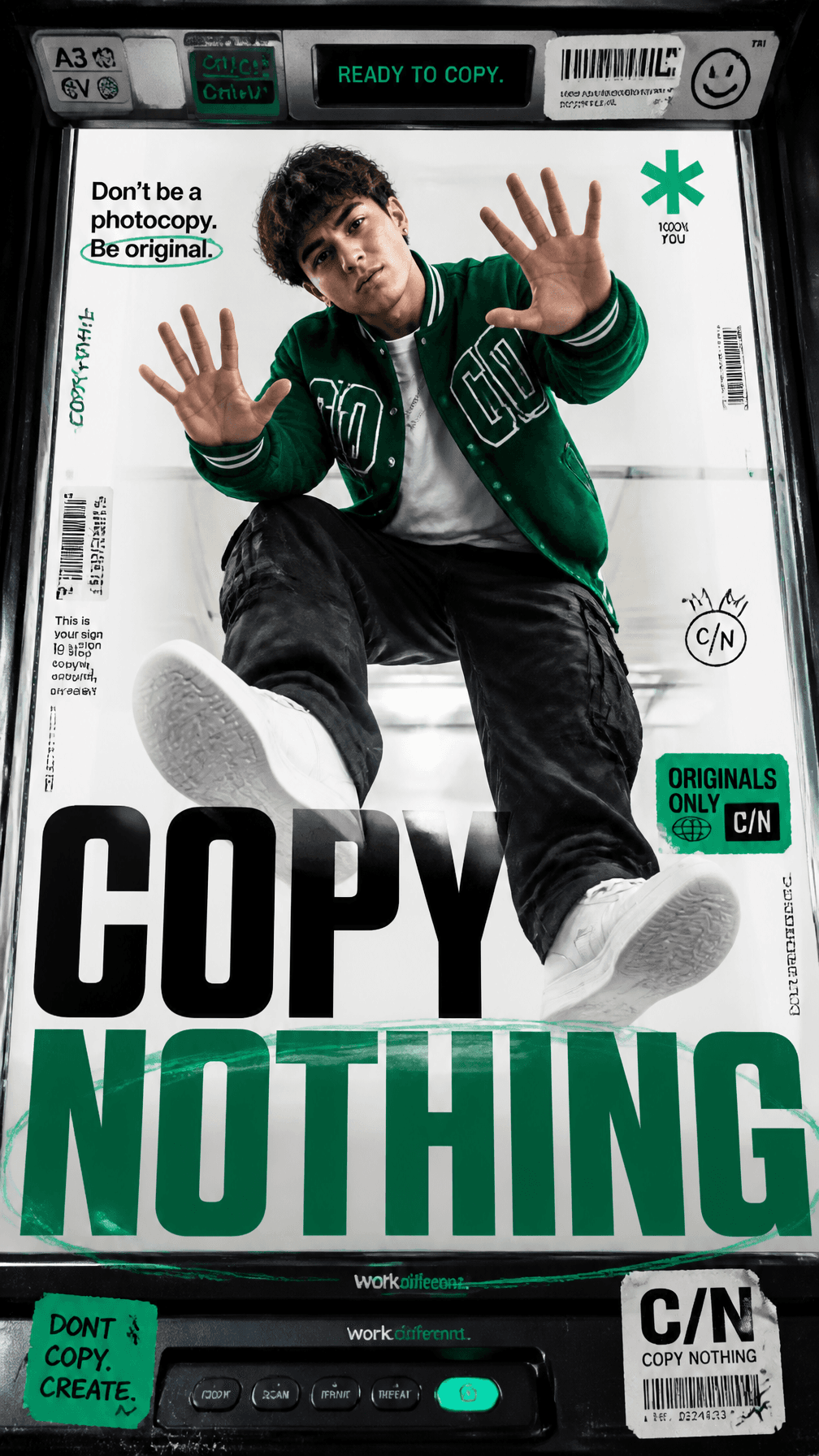 A premium 9:16 streetwear editorial advertising poster.Main 