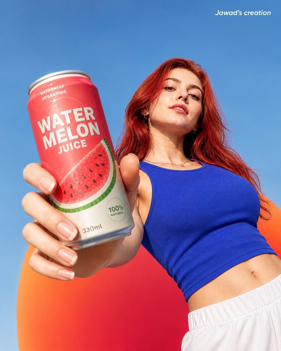A highly realistic low-angle shot of a confident young woman