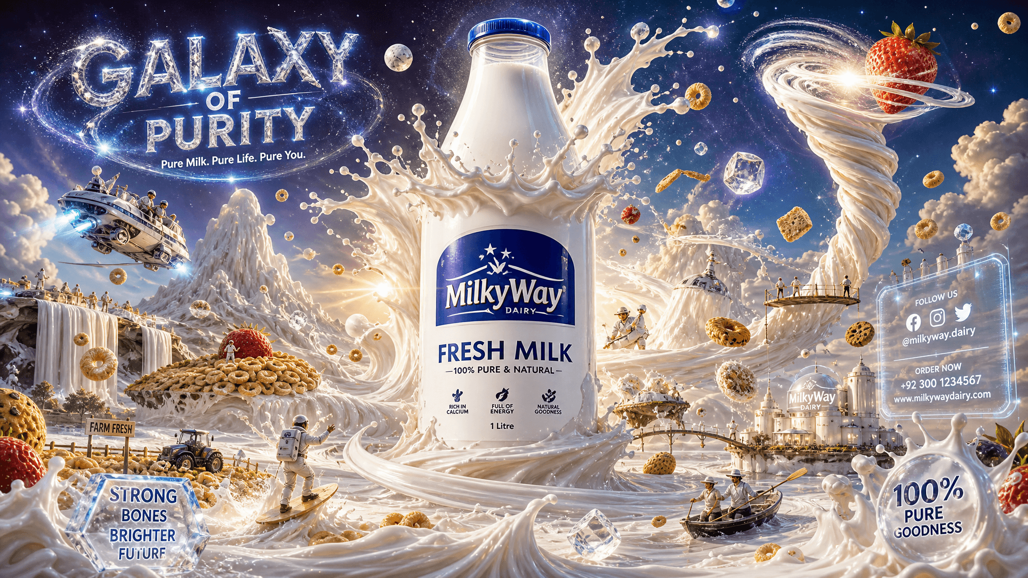 Create an insanely creative cinematic milk product advertisi