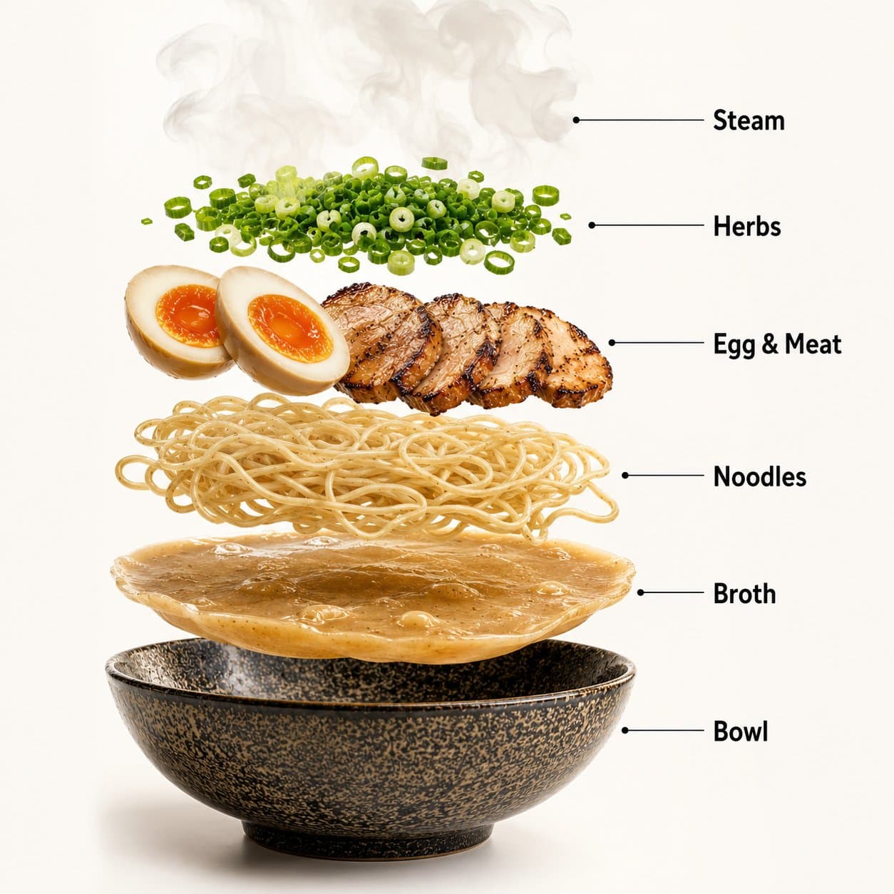 The ramen bowl starts to slowly spin while the ingredients s
