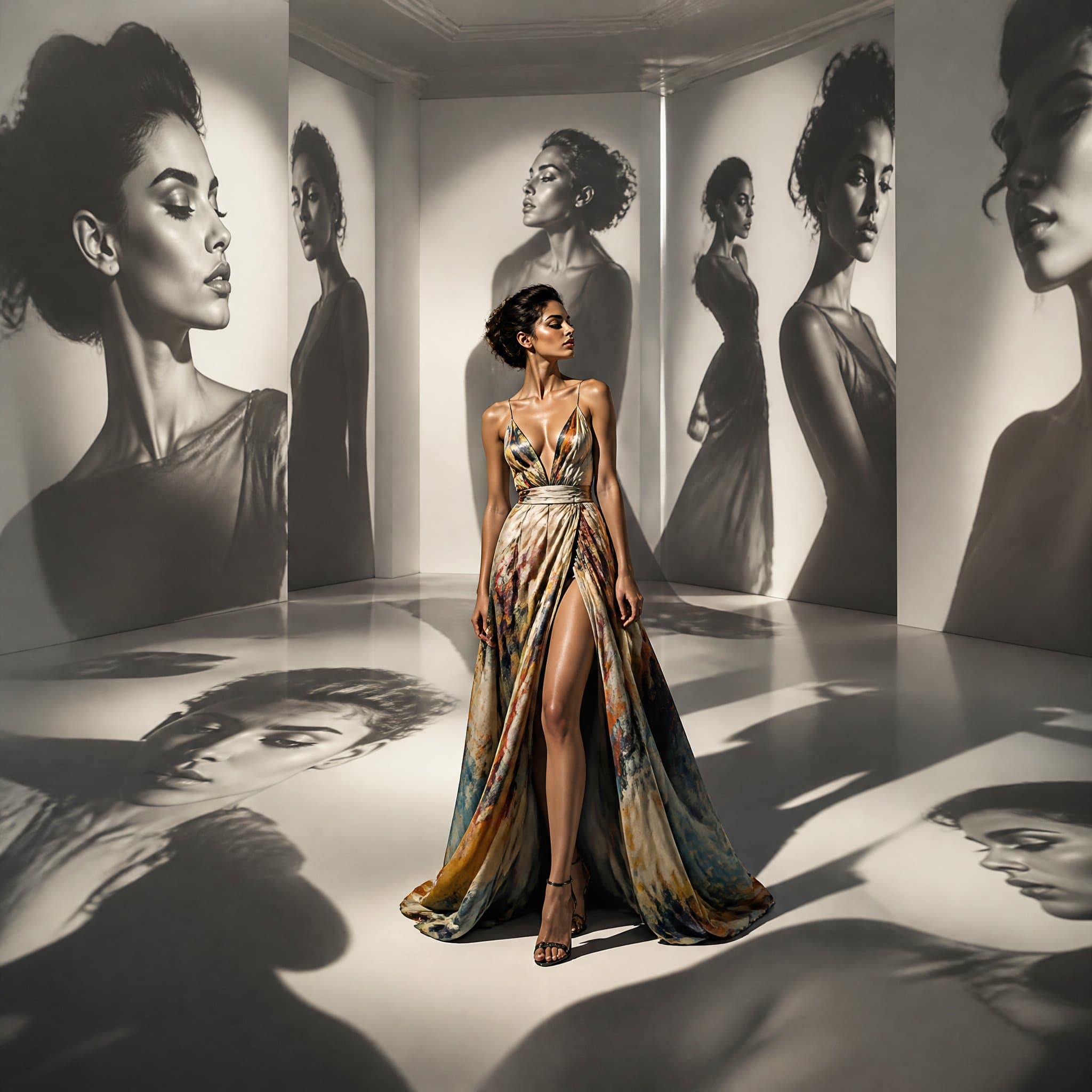 High-fashion editorial portrait. The model stands inside a