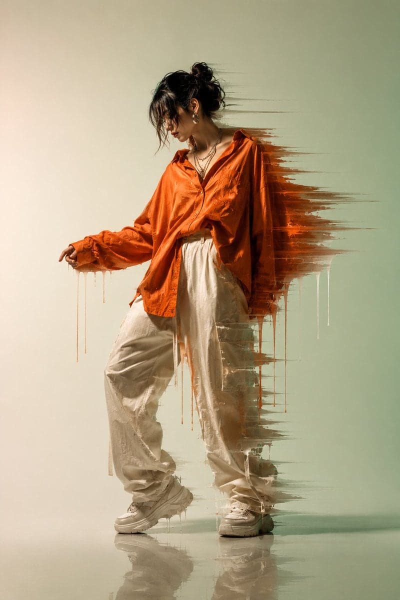 A cinematic editorial portrait of a stylish young woman stan