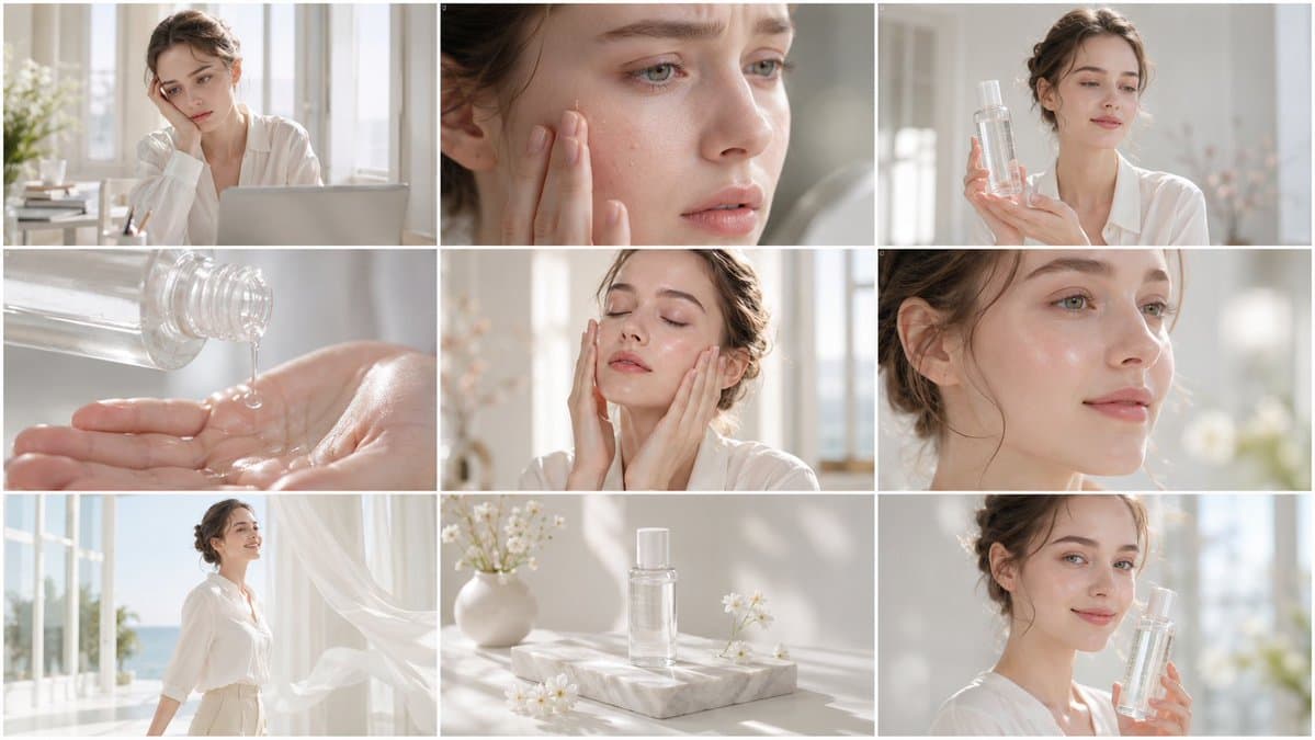 Create a clean, bright skincare commercial storyboard in a 1