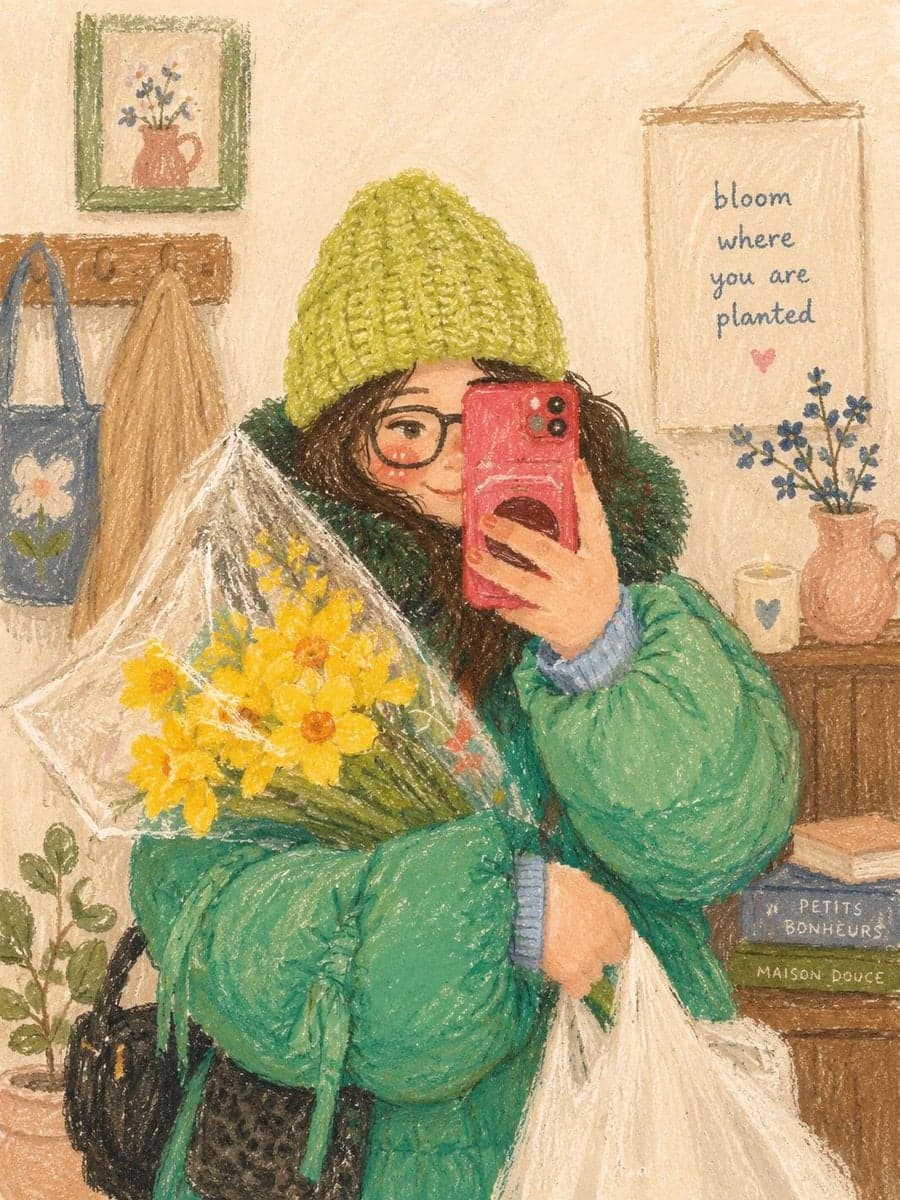 Cute cozy oil pastel illustration, soft textured crayon art