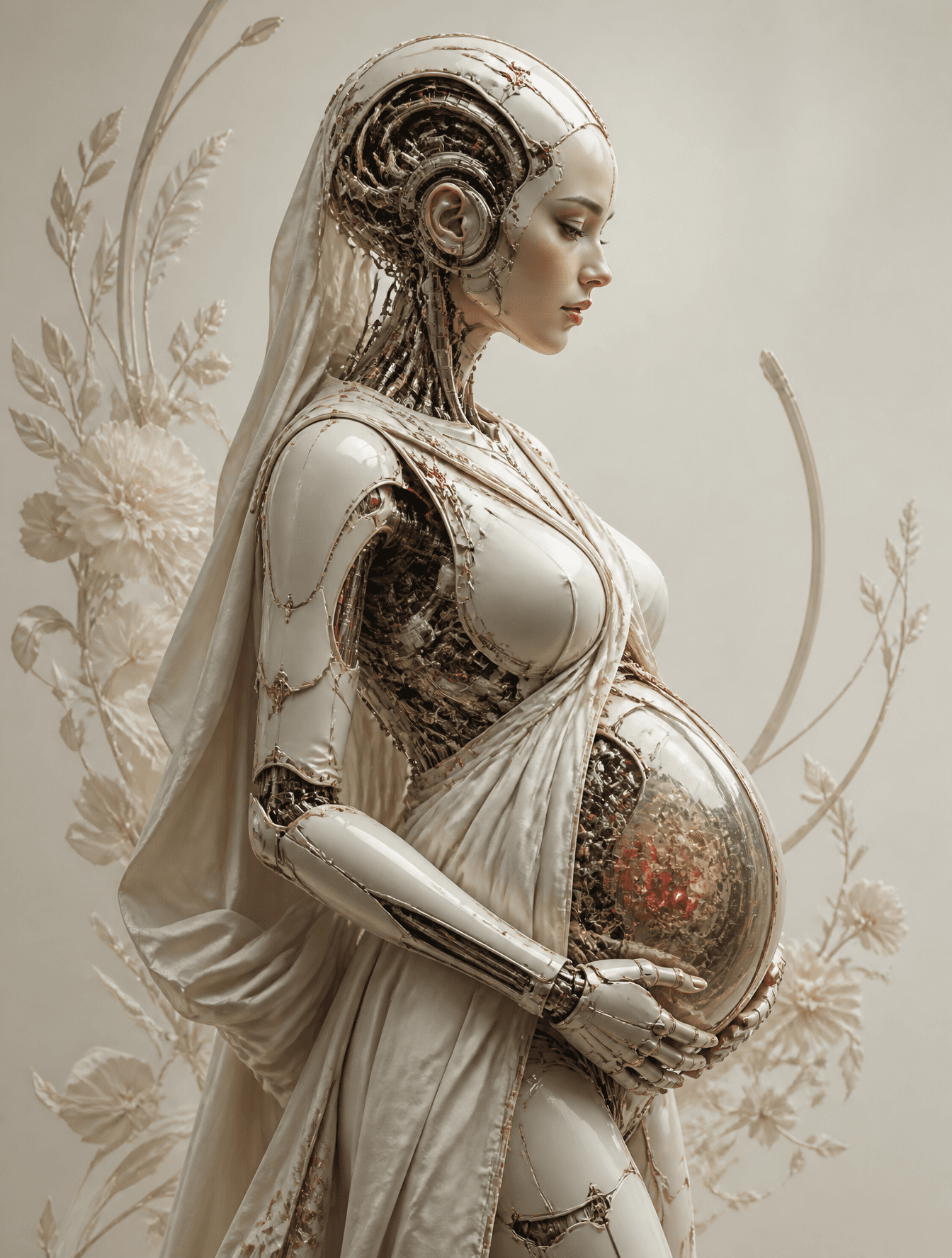 A breathtaking futuristic biomechanical maternity portrait o