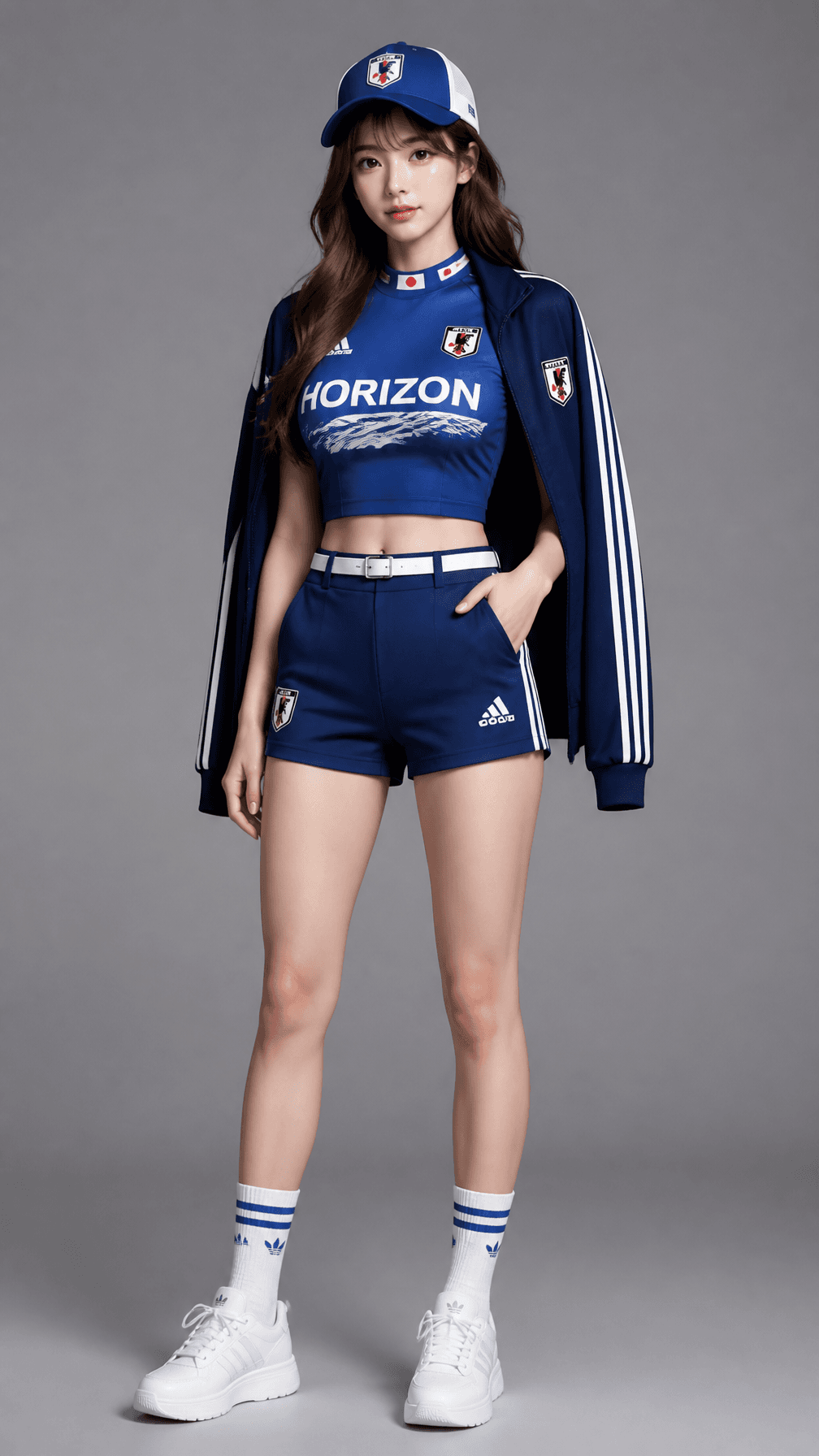 一位年轻女性的全身照,她留着棕色长发,身穿日本国家队2026年世界杯主场球衣风格的运动装:修身剪裁的"日本蓝"短款上衣,