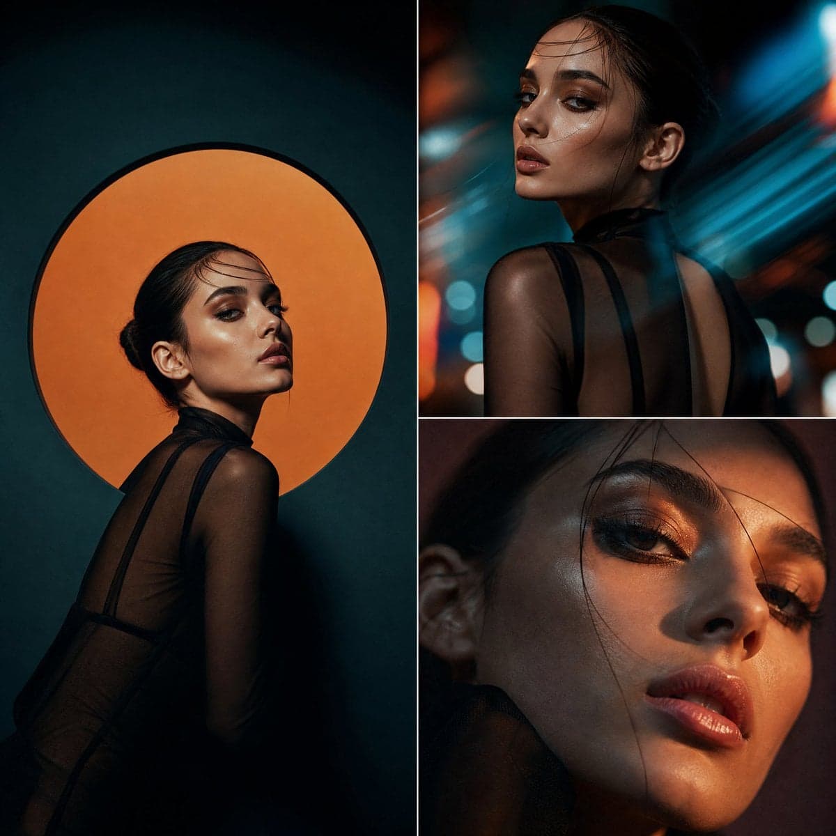 Cinematic hybrid fashion editorial combining studio and abst
