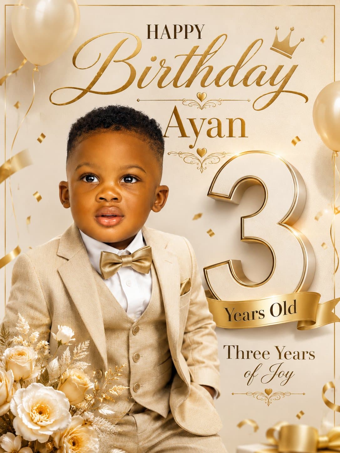 Create a premium luxury birthday poster for a 3-year-old chi