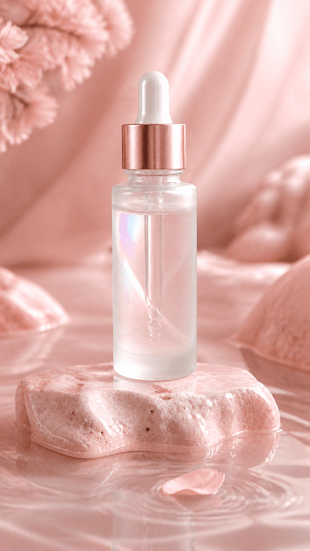 Luxury skincare product presentation featuring a translucent