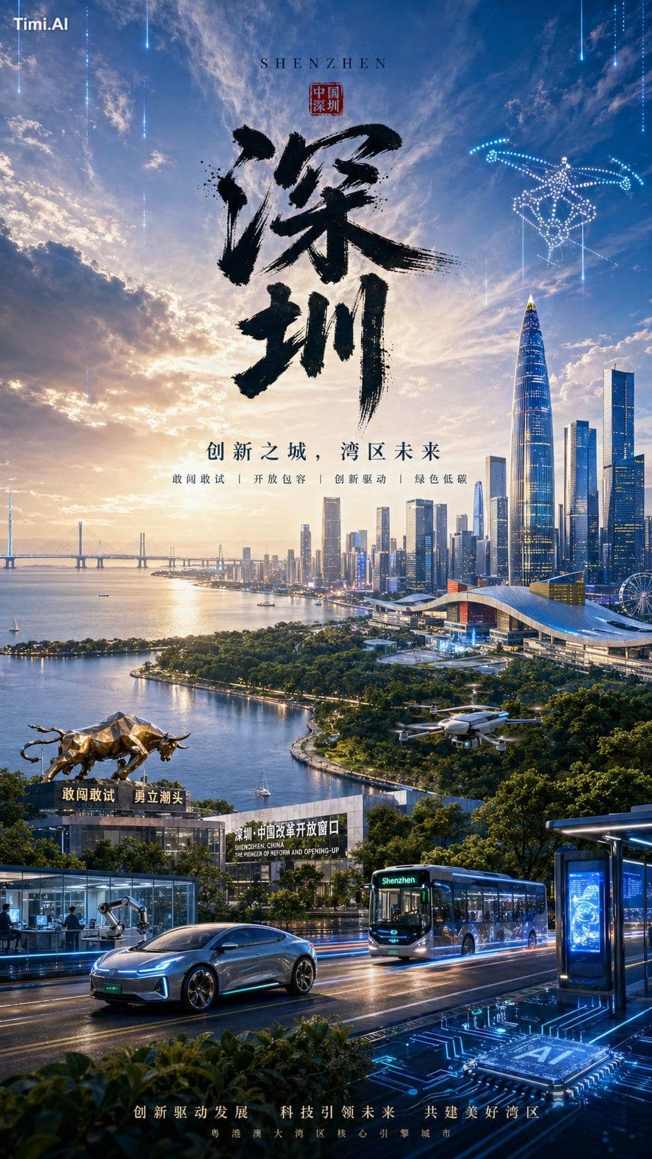 请为【城市名】生成竖版城市宣传海报。不要套用固定模板，要先提炼这座城市最独特的文化背景、地理环境、产业发展和城市理念，再