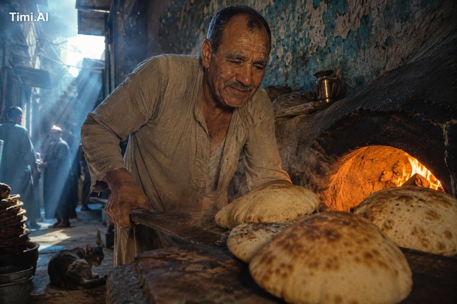 Busy traditional Egyptian bakery in a narrow Cairo alley at 