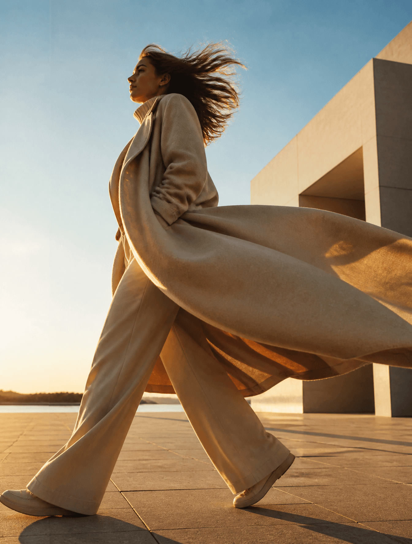 Cinematic fashion photograph of a woman walking through an o