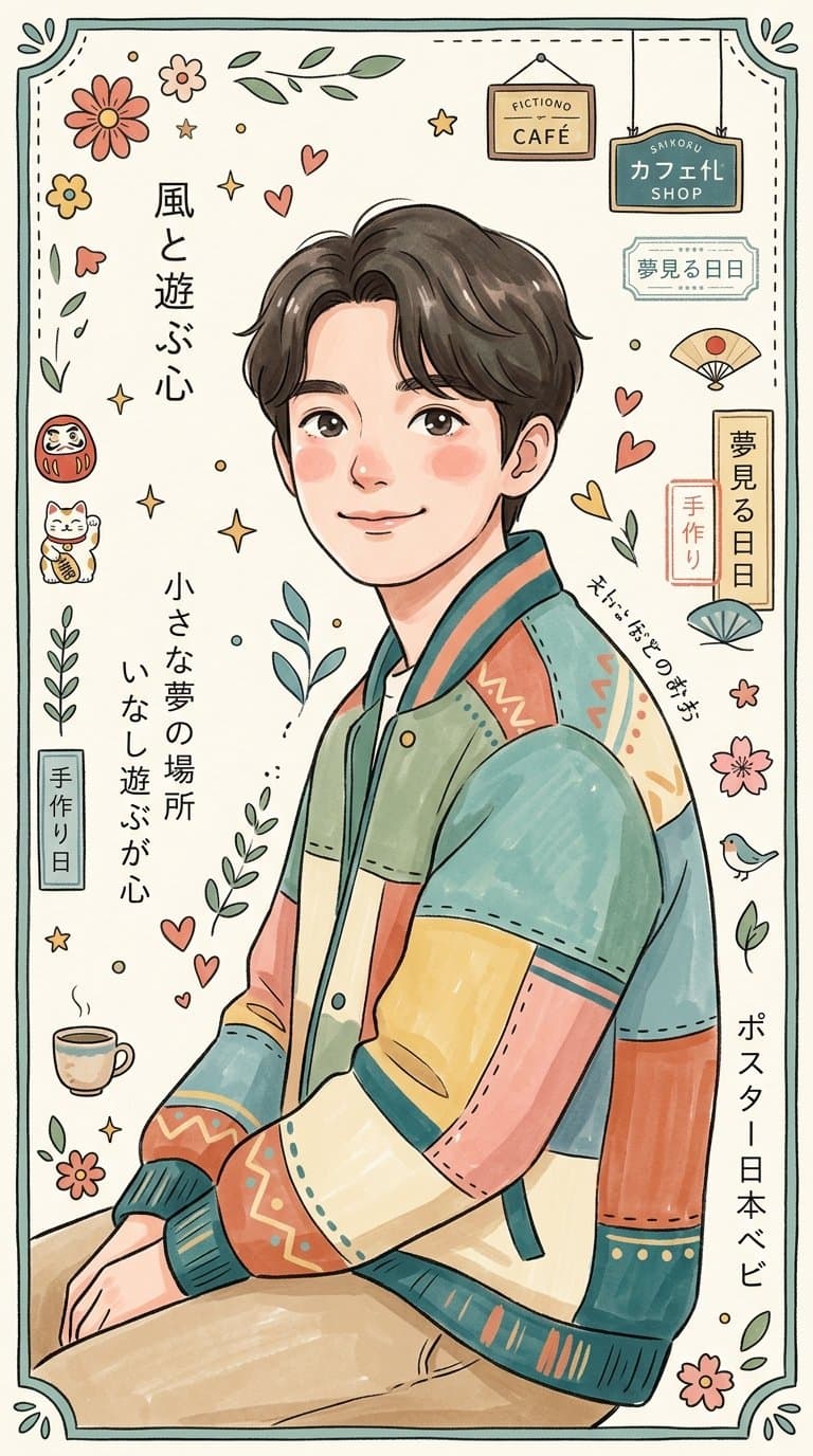 Create a cozy Japanese-inspired whimsical folk-art illustrat