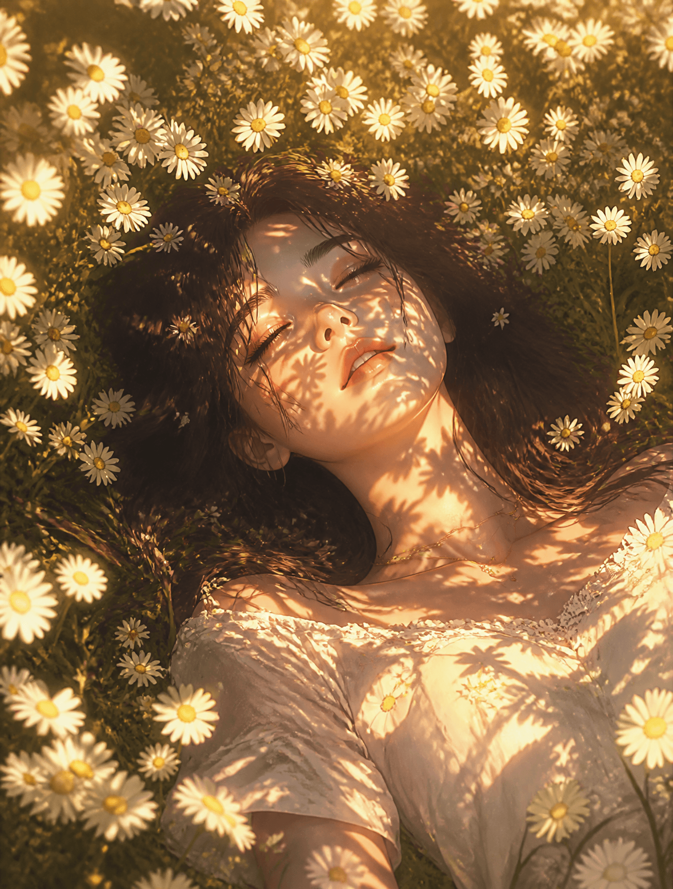 A young woman lying in a vast field of white daisies, sunlig