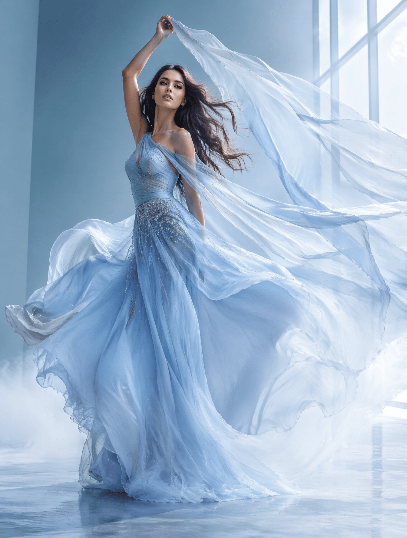 Tall woman, mid-20s, long glossy hair flowing in the wind, s