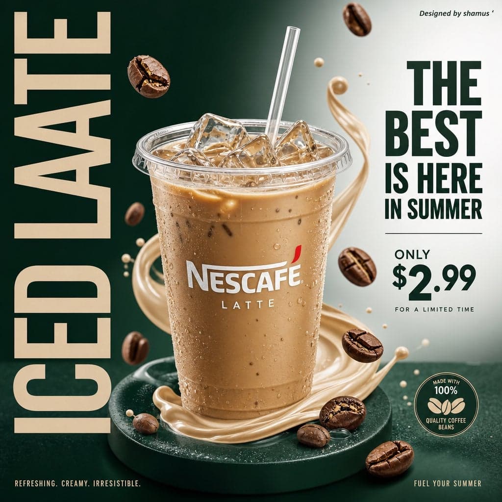 A modern commercial poster design for an iced NESCAFE latte.