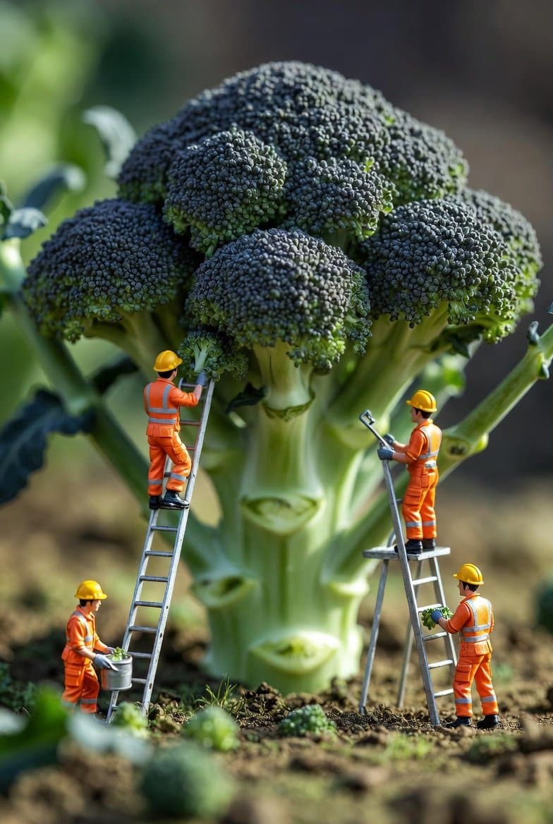 Tiny construction workers in bright orange safety jumpsuits,