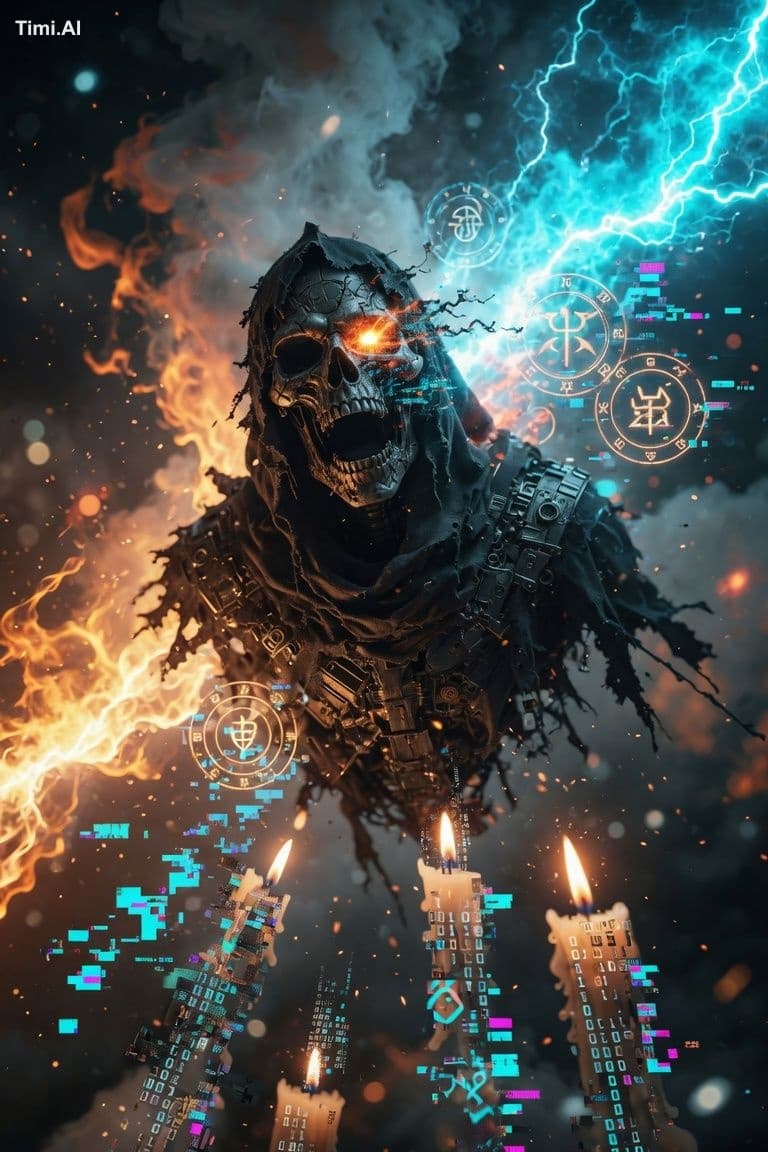 Ultra realistic cinematic shot of a cybernetic reaper caught
