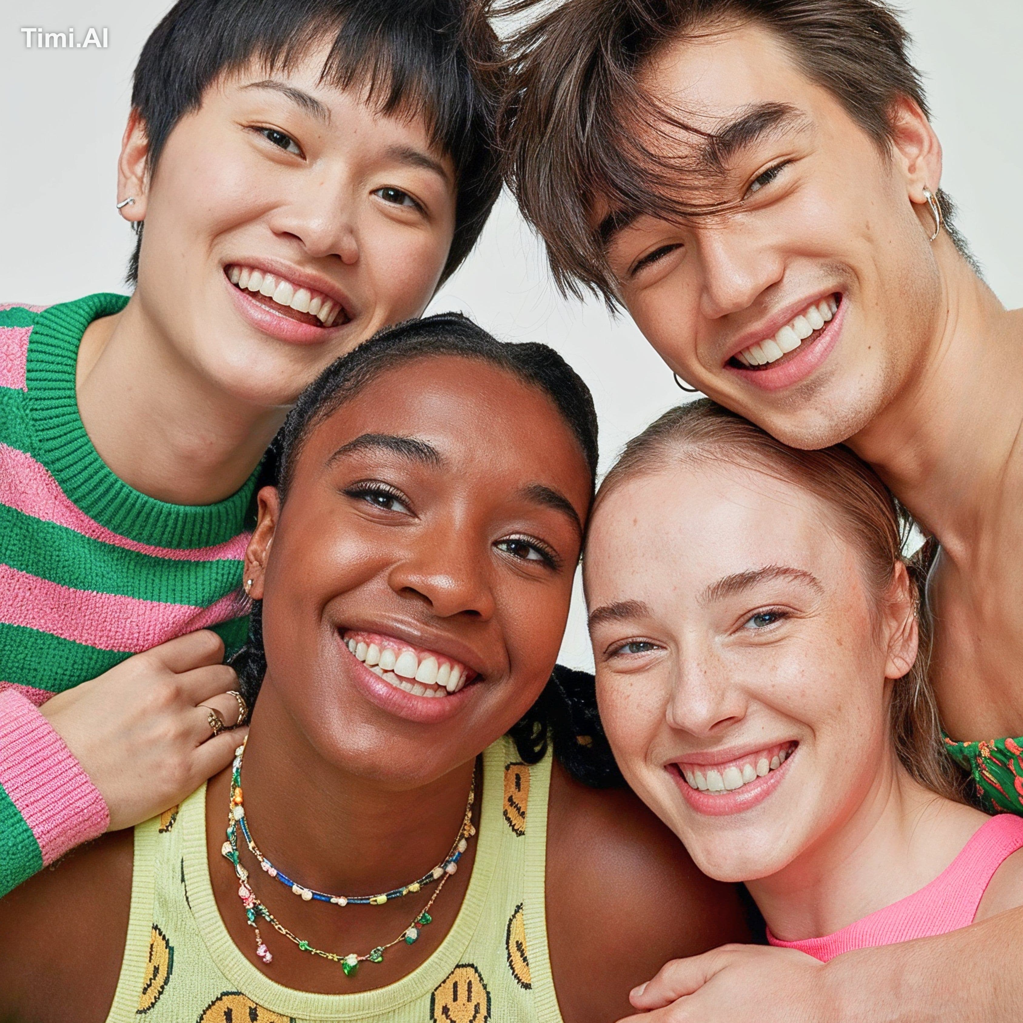 Four diverse young individuals, smiling joyfully, are closel