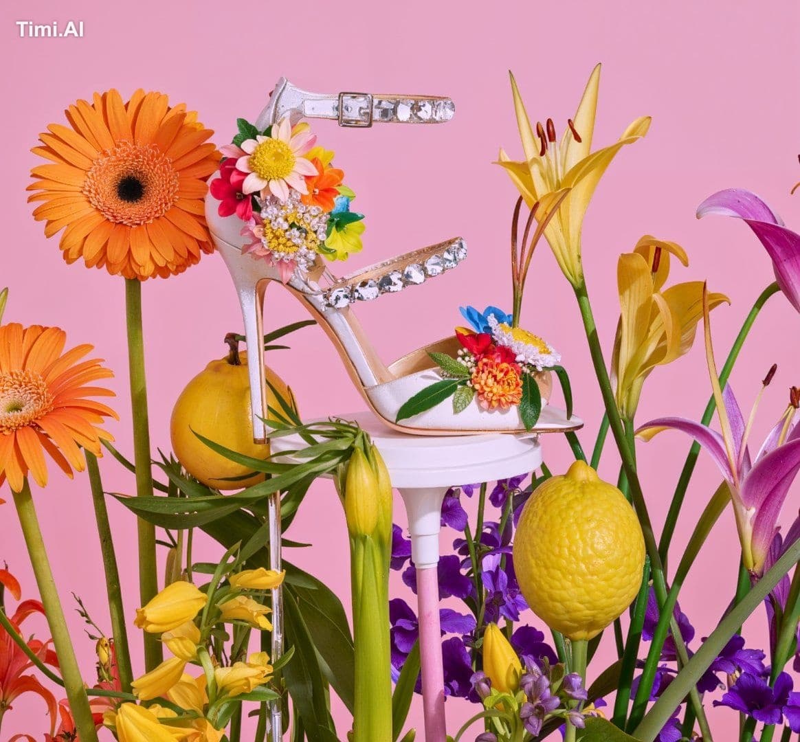 A high-fashion photograph of a designer shoe with floral and