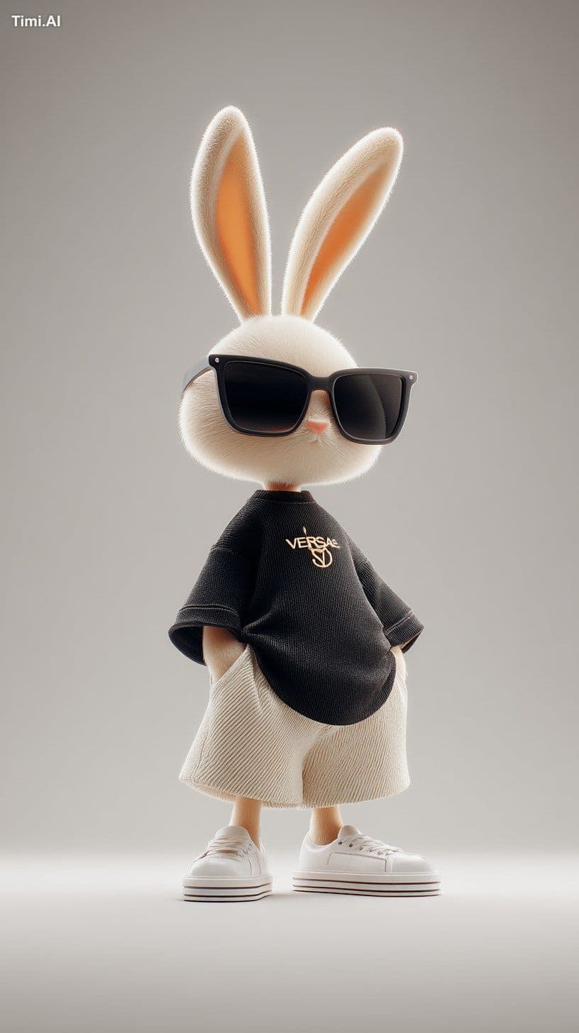 a stylish black 3D bunny character, serious and confident, w