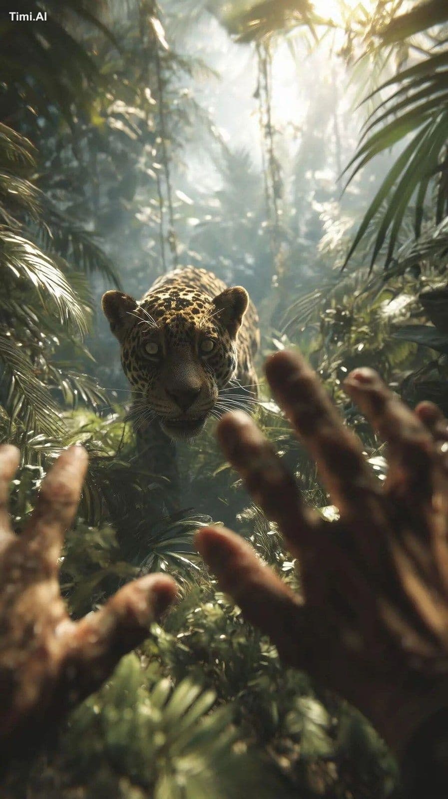 Hyper-realistic first-person POV deep in the Amazon rainfore