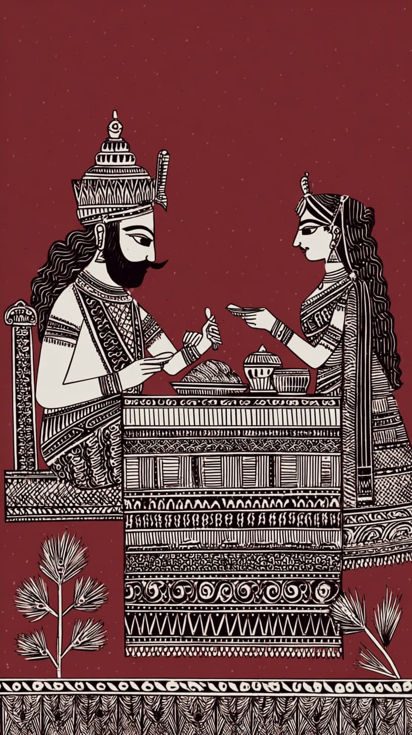madhubani art style, an Indian king having meal, a queen bes