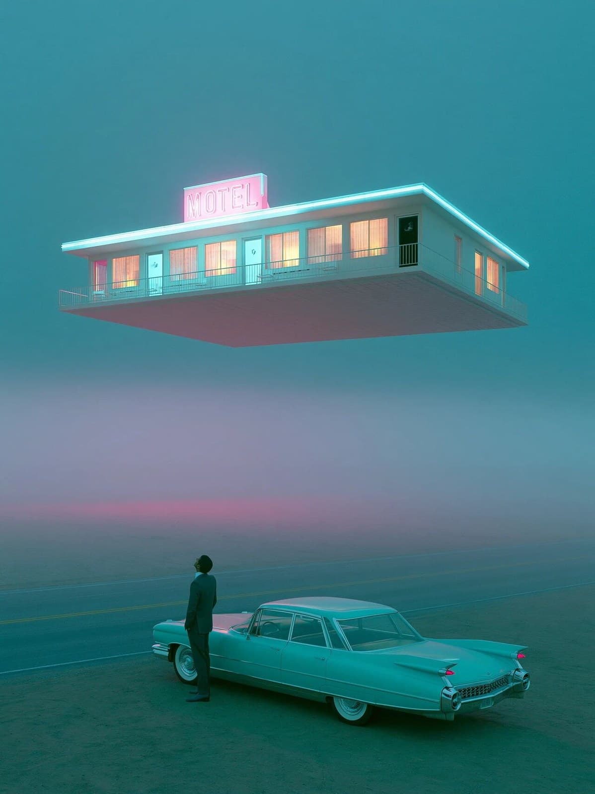 An empty roadside motel floating above an endless desert at