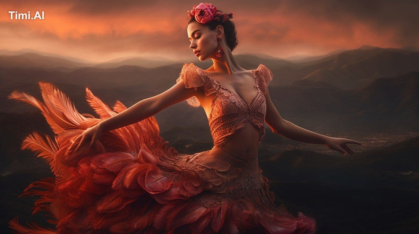 A young and strikingly beautiful flamingo dancer is executin