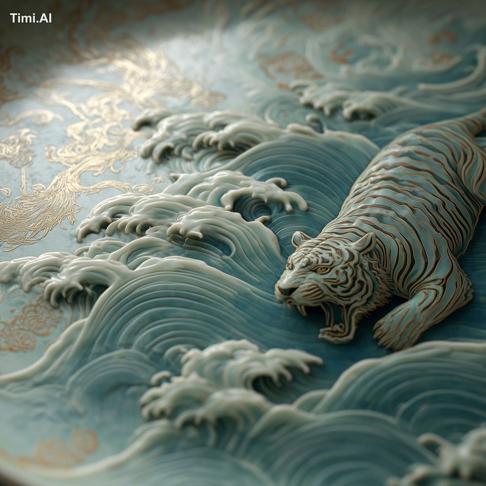 traditional korean celadon with tiger patterns large, underw