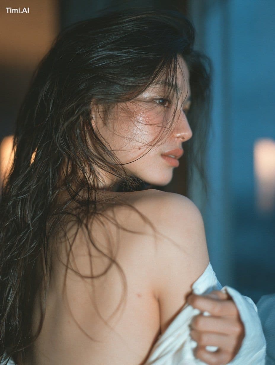 23-year-old East Asian woman, delicate profile, natural skin