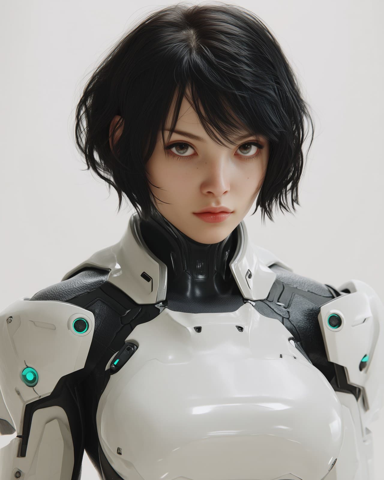young female sci-fi cyberpunk operative, short messy black b