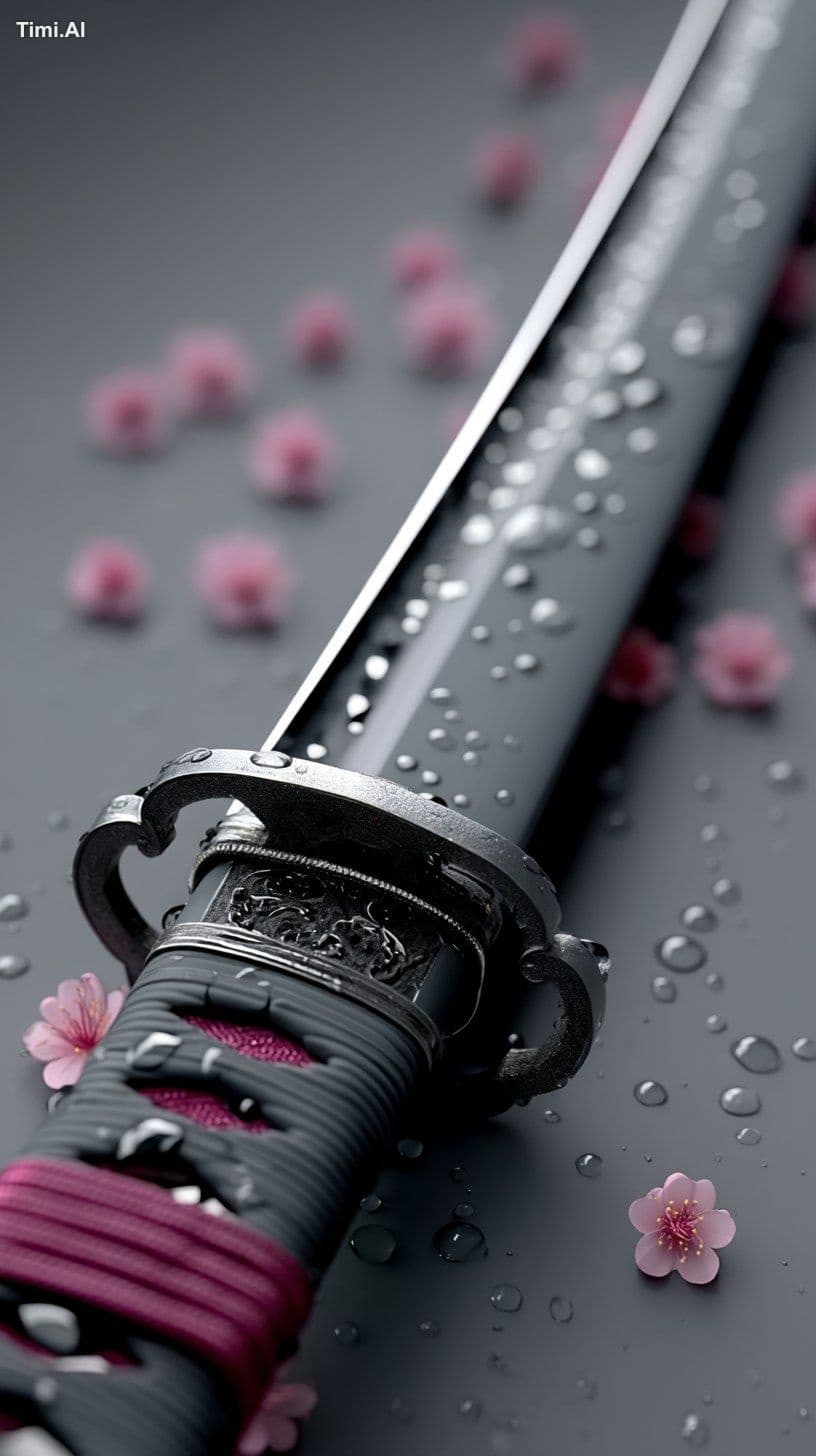 A close-up of the blade and hilt of an ornate Japanese samur
