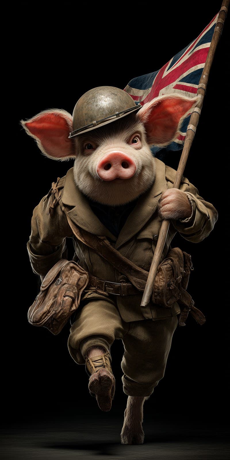 anthropomorphised pig soldier, holding a flag, wearing a Bri