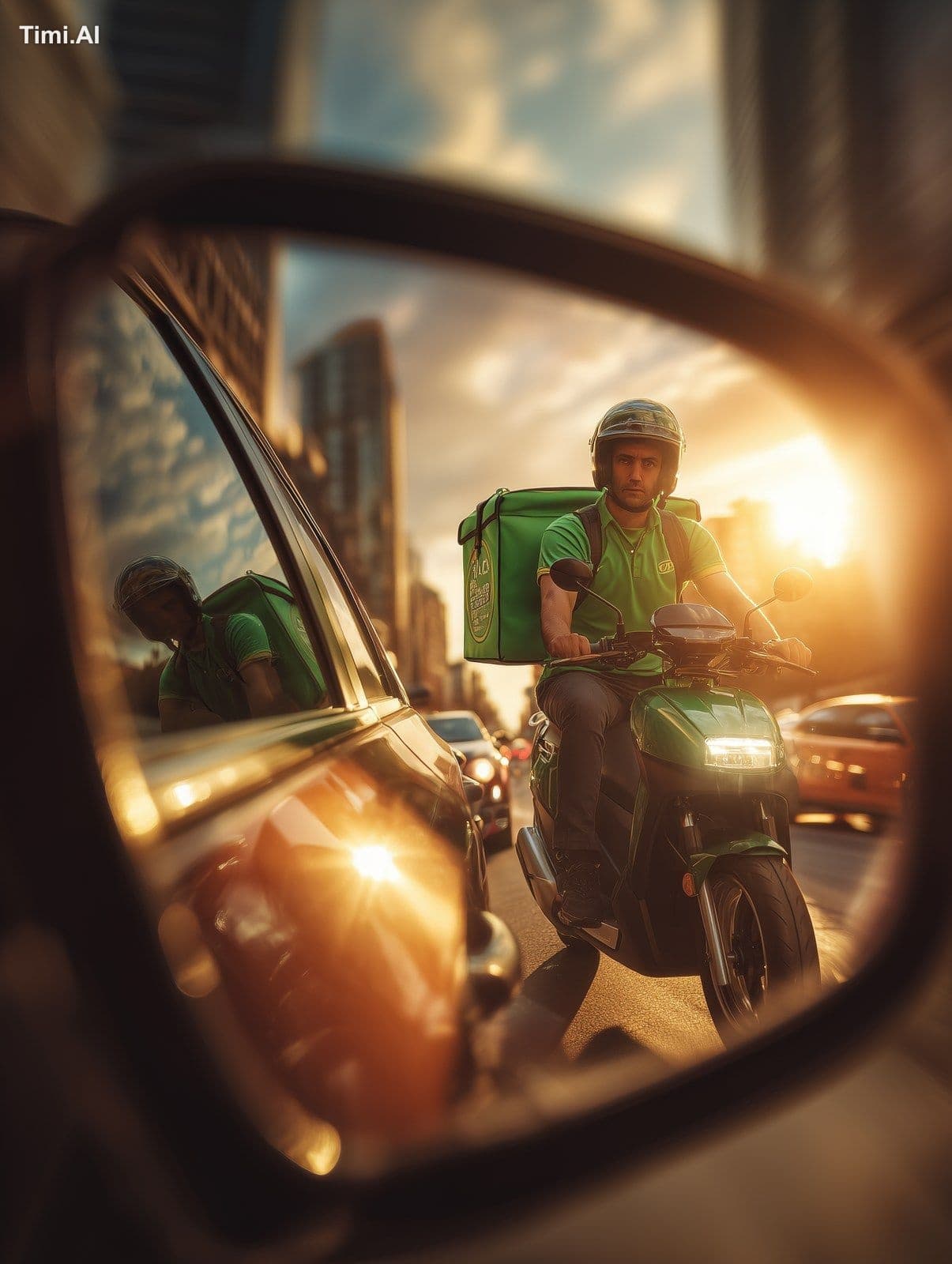 Glossy commercial-style photo taken from a car’s side mirror