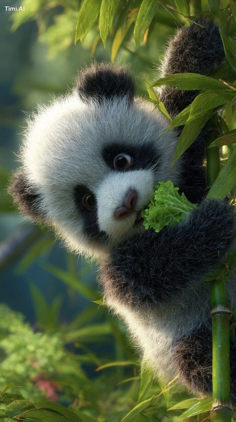 A playful panda hanging upside down from a bamboo stalk in a