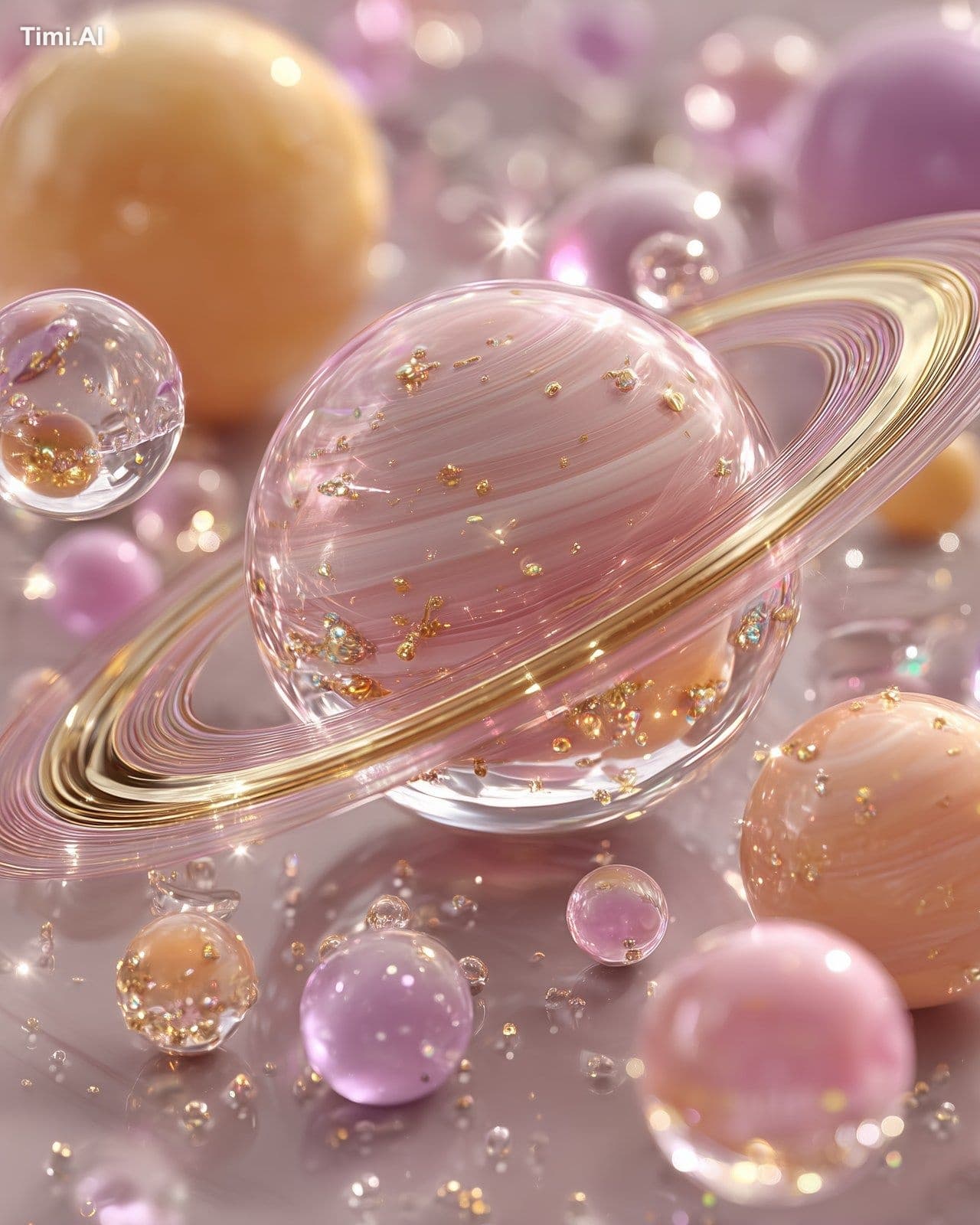 Holographic glass planets and moons floating in space, iride