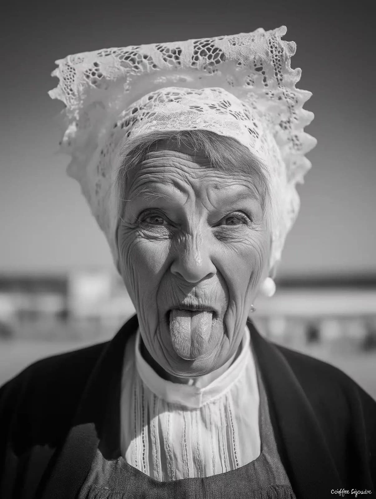 A humorous black and white portrait of an elderly Breton wom