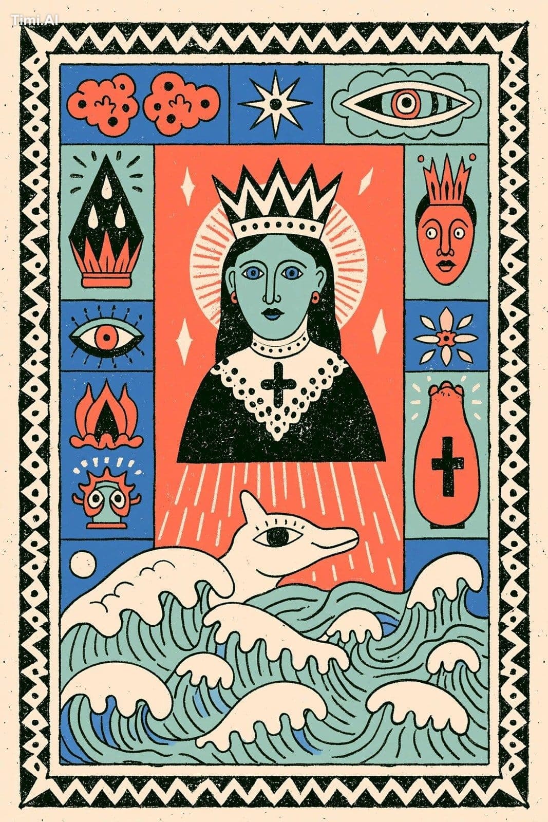 christian folk design, central emblem surrounded by decorati