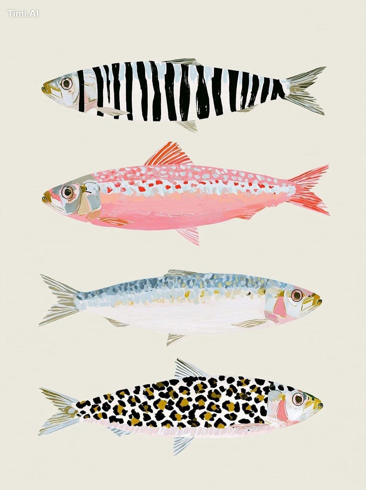 Minimalist vector of three different sardines: one with zebr