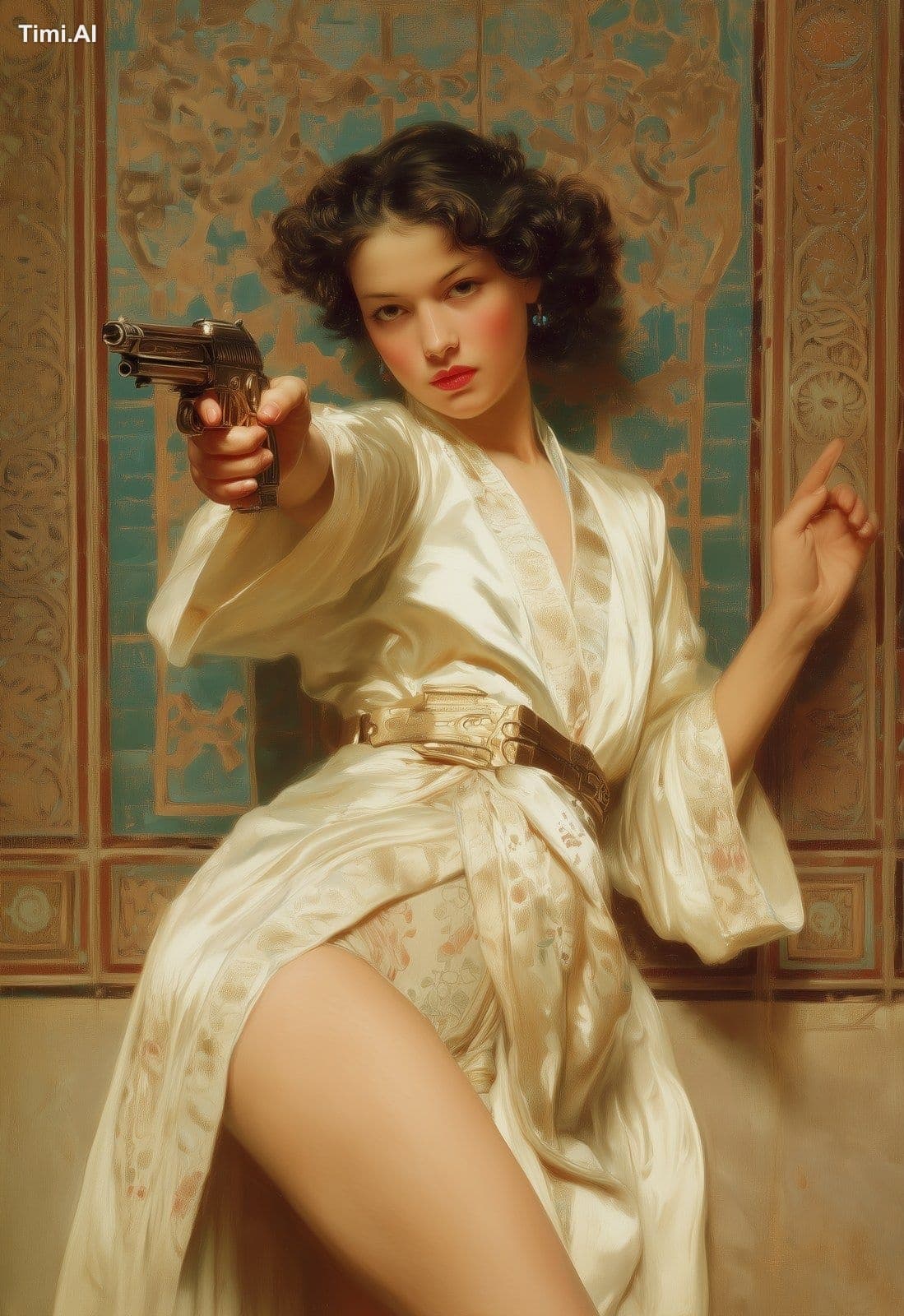 a futuristic pop space wench in a silk robe, beautiful eyes 