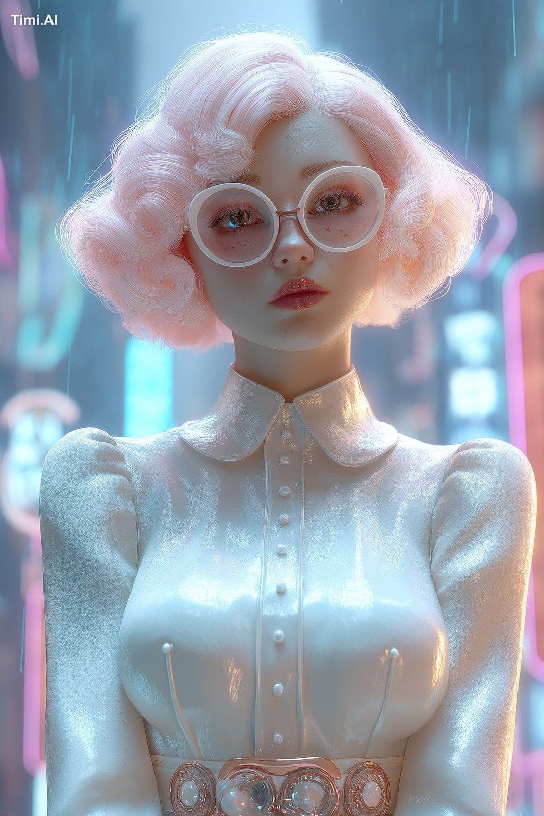 Cinematic extreme close-up of a retro atompunk 1950s woman o