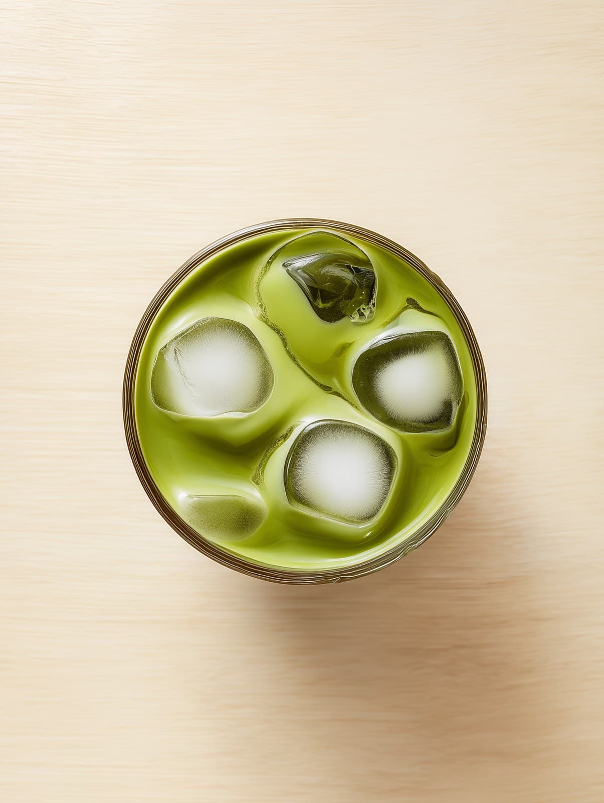 High-end product photograph of an iced matcha latte captured