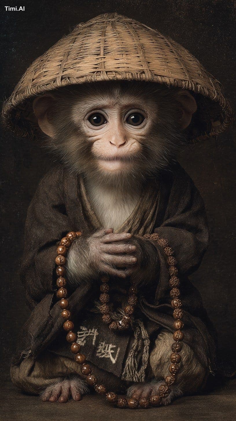 Fine brushwork,little monkey, front view, wearing a bamboo h