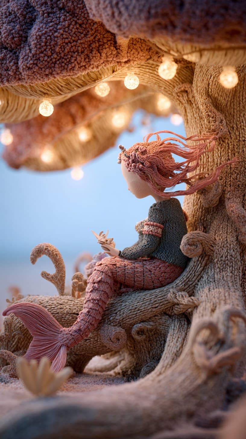 a mermaid sitting in a whimsical tree, all elements are knit