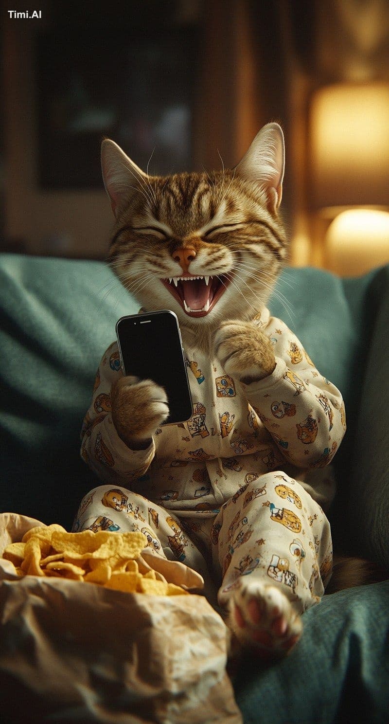 A happy cat wearing pajamas and holding an iPhone, sitting o