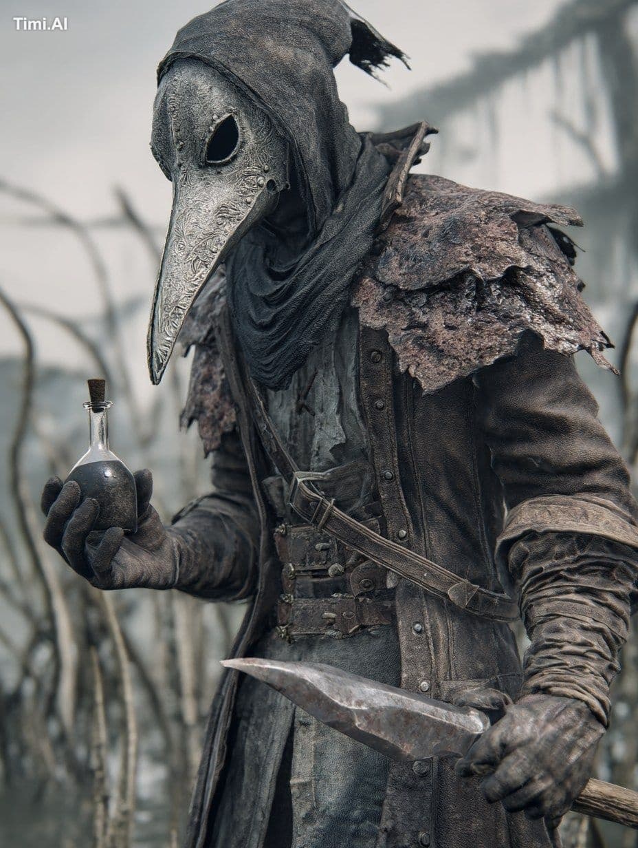 A gaunt mercenary with a plague doctor’s mask fused to his f