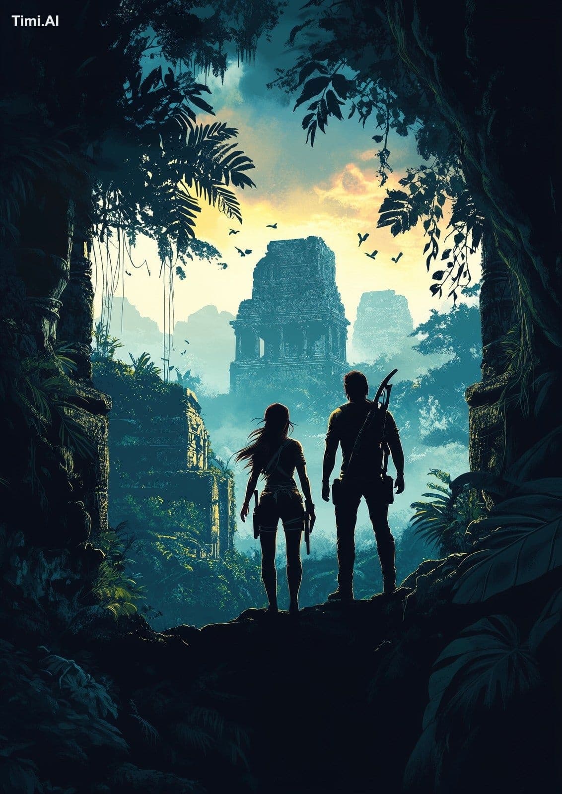 tomb raider 20s style poster with dark silhouettes of woman 